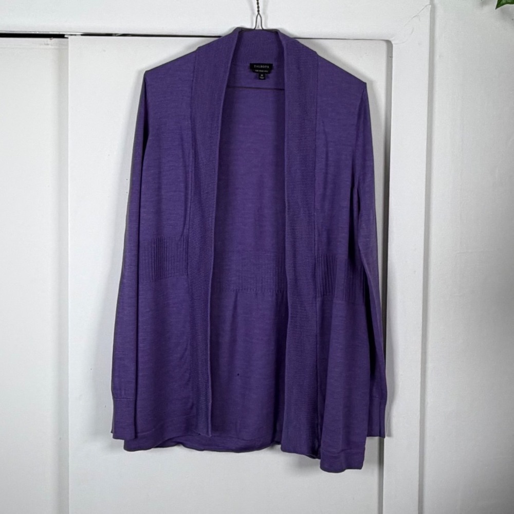 Talbots Purple Pure Merino Wool Open Front Cardigan Shawl Collar Ribbed Waist M